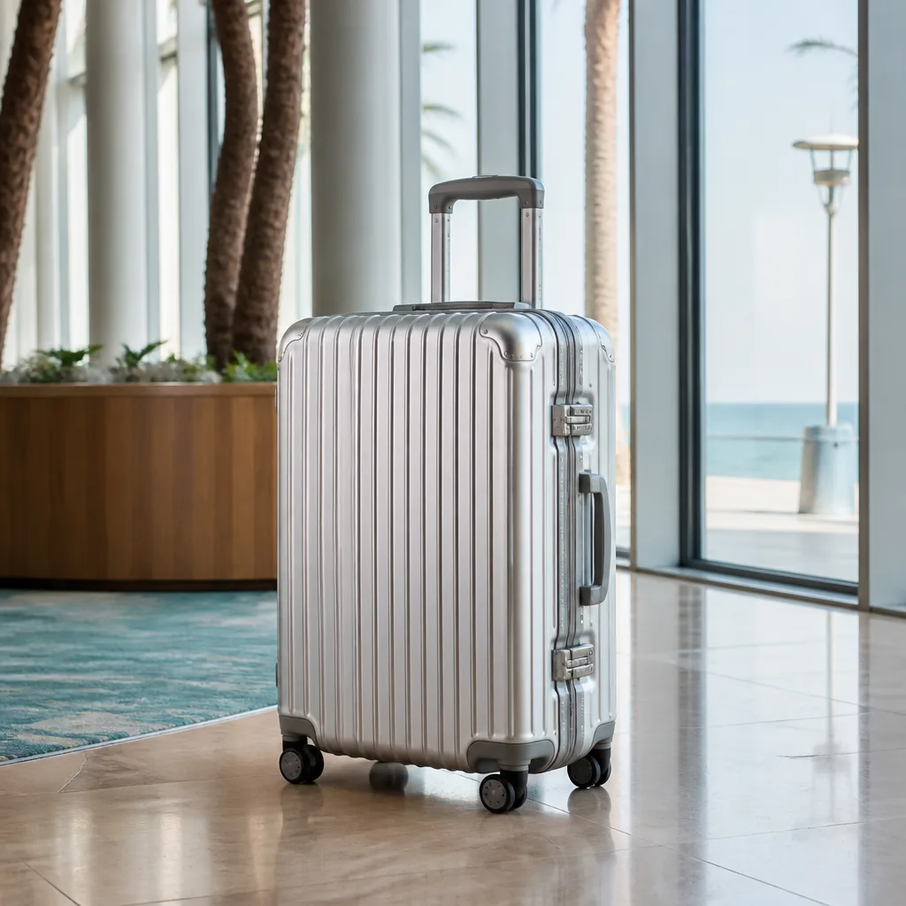 silver aluminum hardside suitcase standing upright in an airport terminal, no people visible