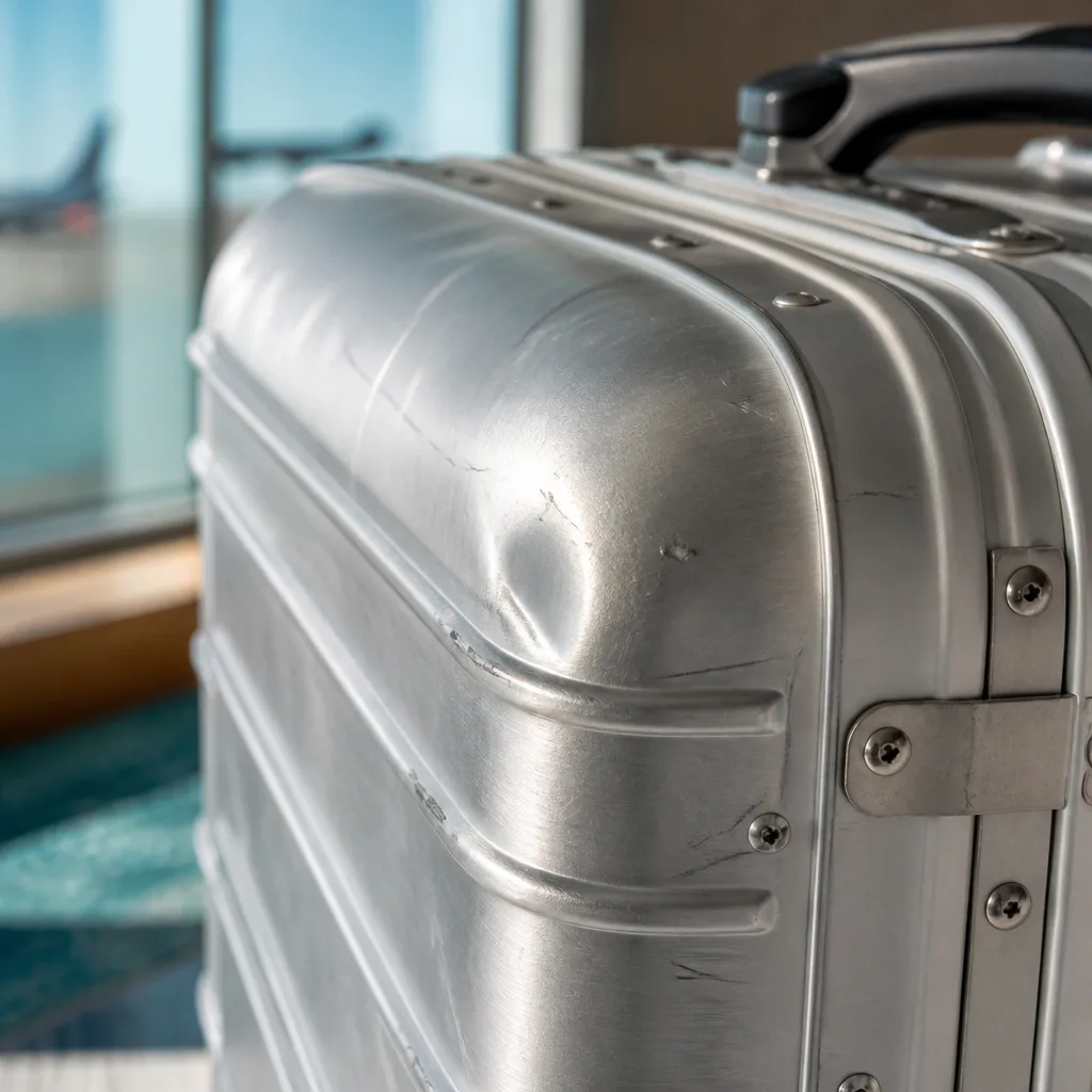 close-up macro shot of a brushed aluminum suitcase surface showing light scratches and a small dent