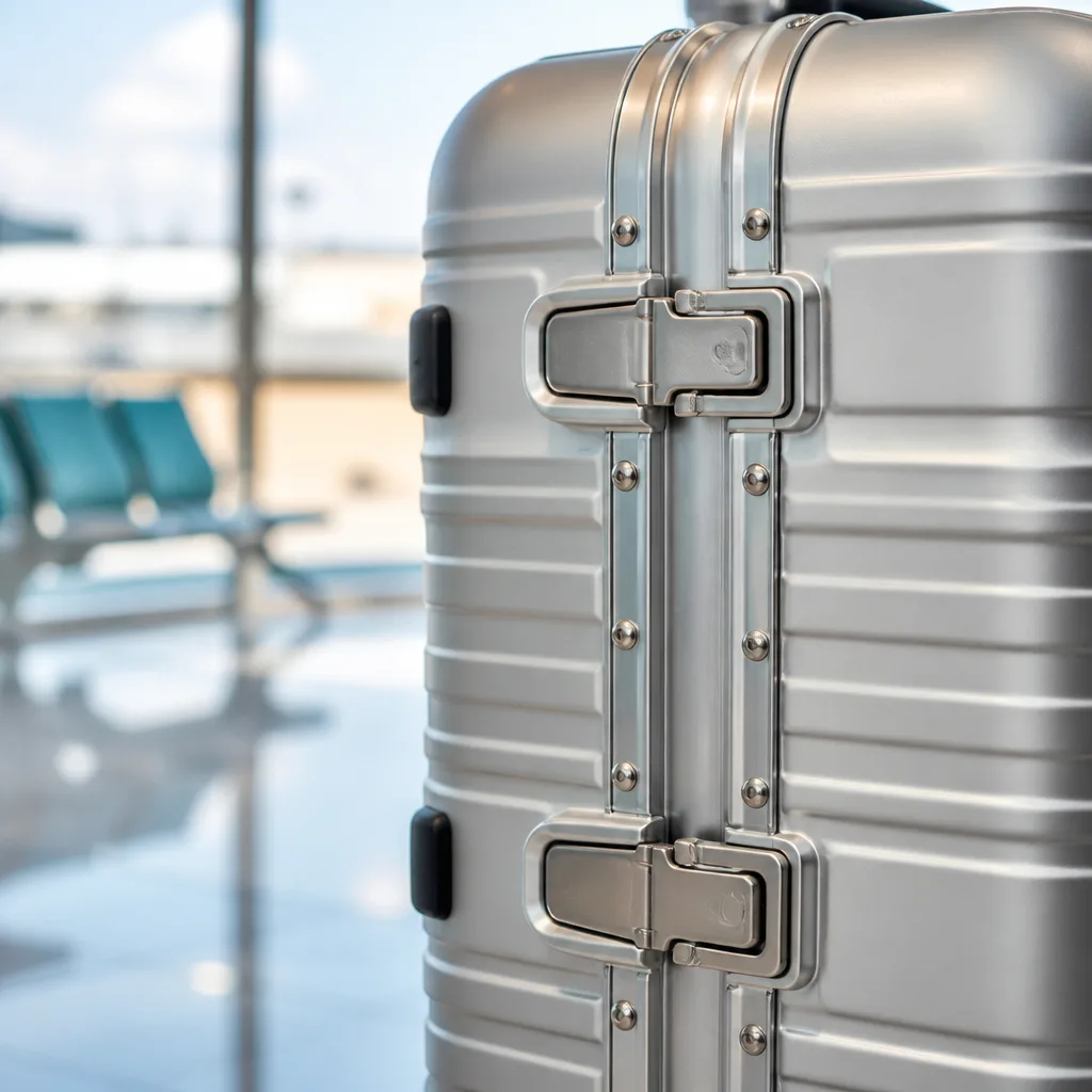 close-up of an aluminum suitcase frame lock with metal clasps, viewed from the side
