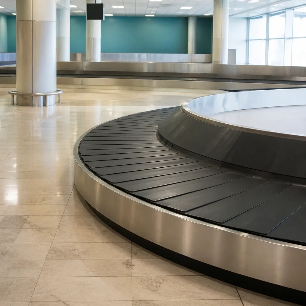 empty airport baggage claim carousel with no suitcases and no people, wide shot