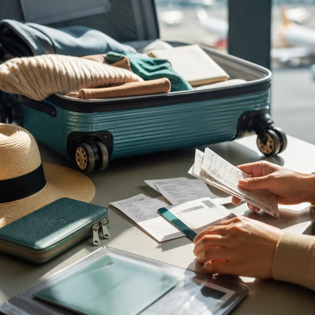 hands organizing travel receipts and a boarding pass on a table, no faces visible