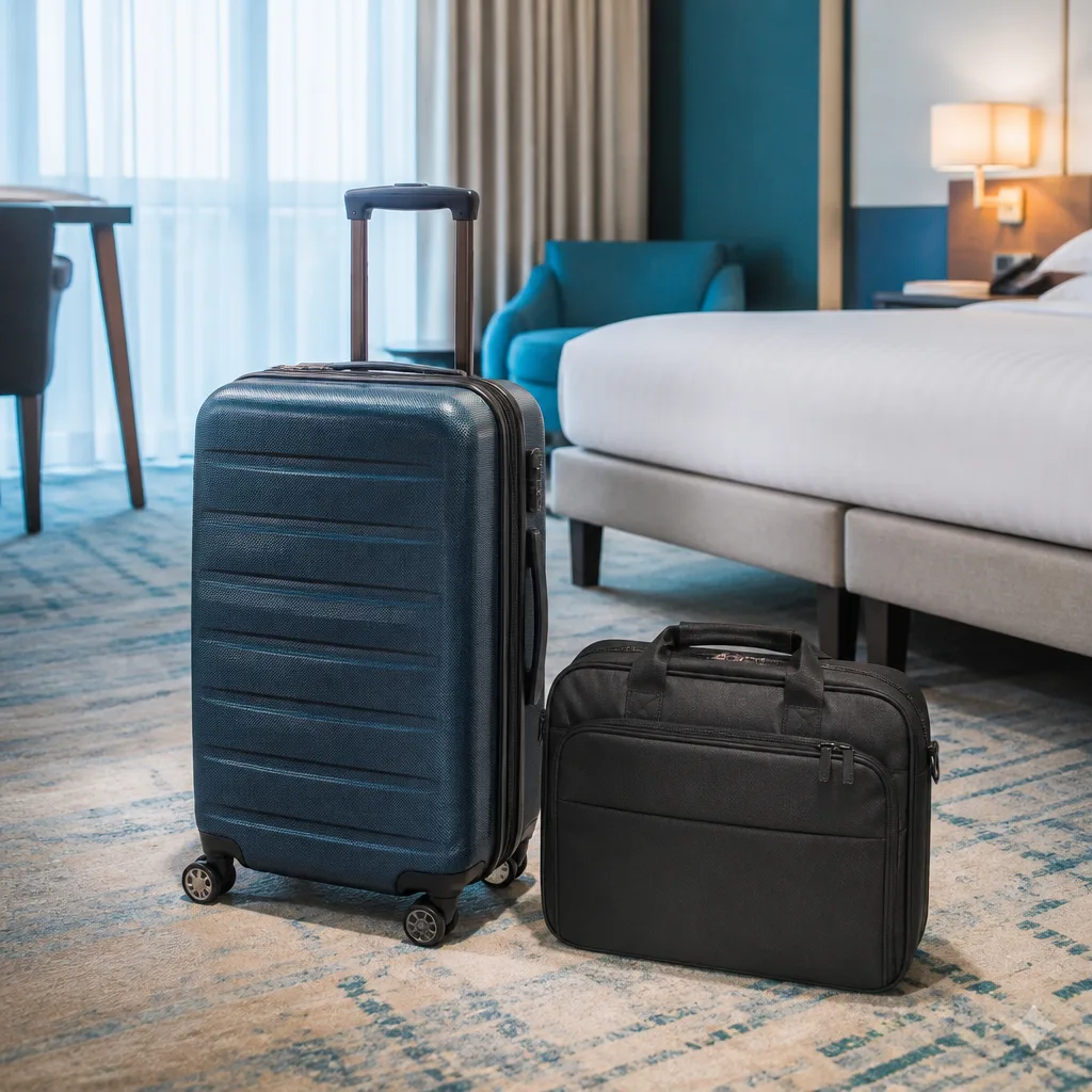 business cabin suitcase standing upright next to a laptop bag in a hotel room, no people