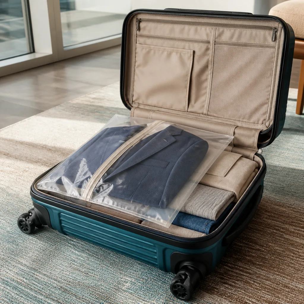 tailored suit jacket folded inside a garment sleeve on top of packed clothes in an open suitcase