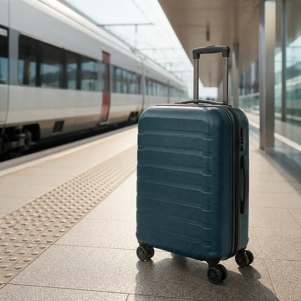 cabin suitcase with four wheels standing on a train platform, no people or logos visible