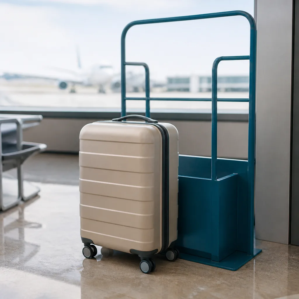 Cabin-size hardshell suitcase standing next to a sizing frame gauge at an airport gate, no people visible