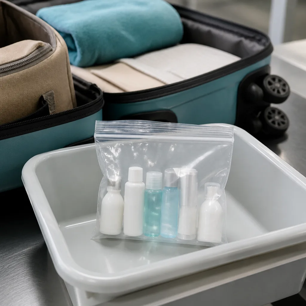 Clear resealable one-litre plastic bag filled with small travel-size toiletry bottles on an airport security tray