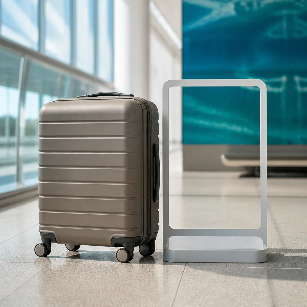 Kabinenkoffer neben einer Handgepäck Größenschablone am Flughafen, ohne Personen