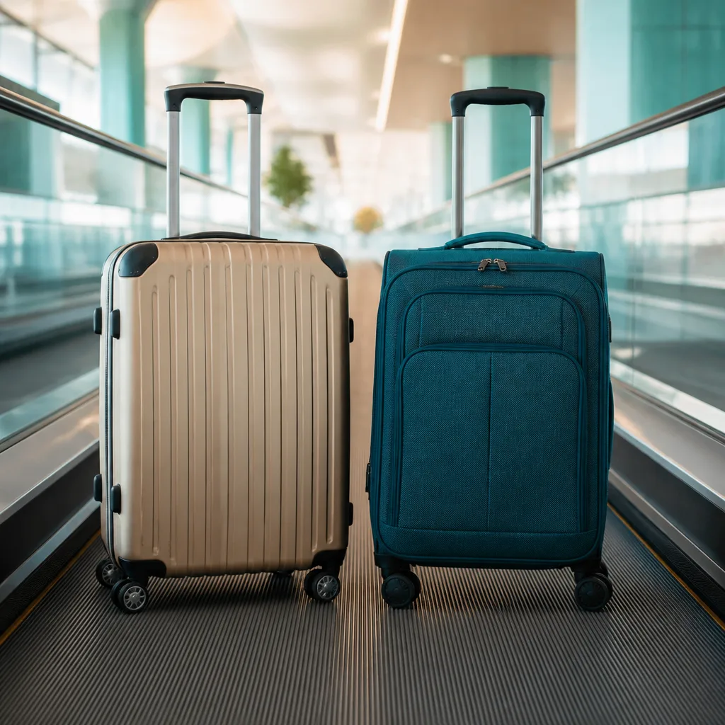 Hartschalenkoffer und Weichschalenkoffer nebeneinander auf einem Rollsteg im Flughafen