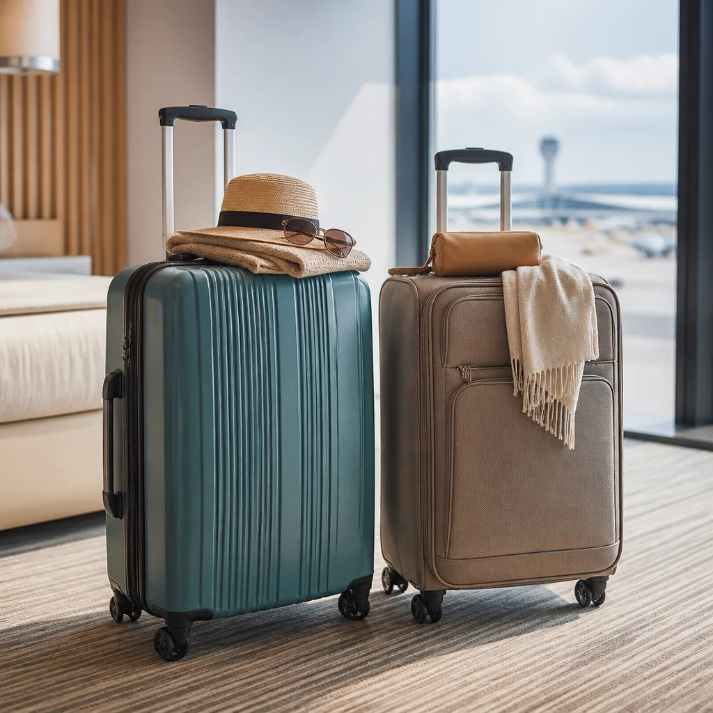 Zwei gepackte Koffer, ein Hartschalenkoffer und ein Weichschalenkoffer, bereit für die Reise am Flughafen