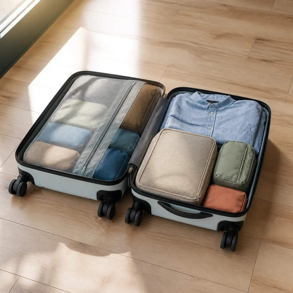 Open suitcase with neatly packed clothes and packing cubes on a light wooden floor, soft daylight