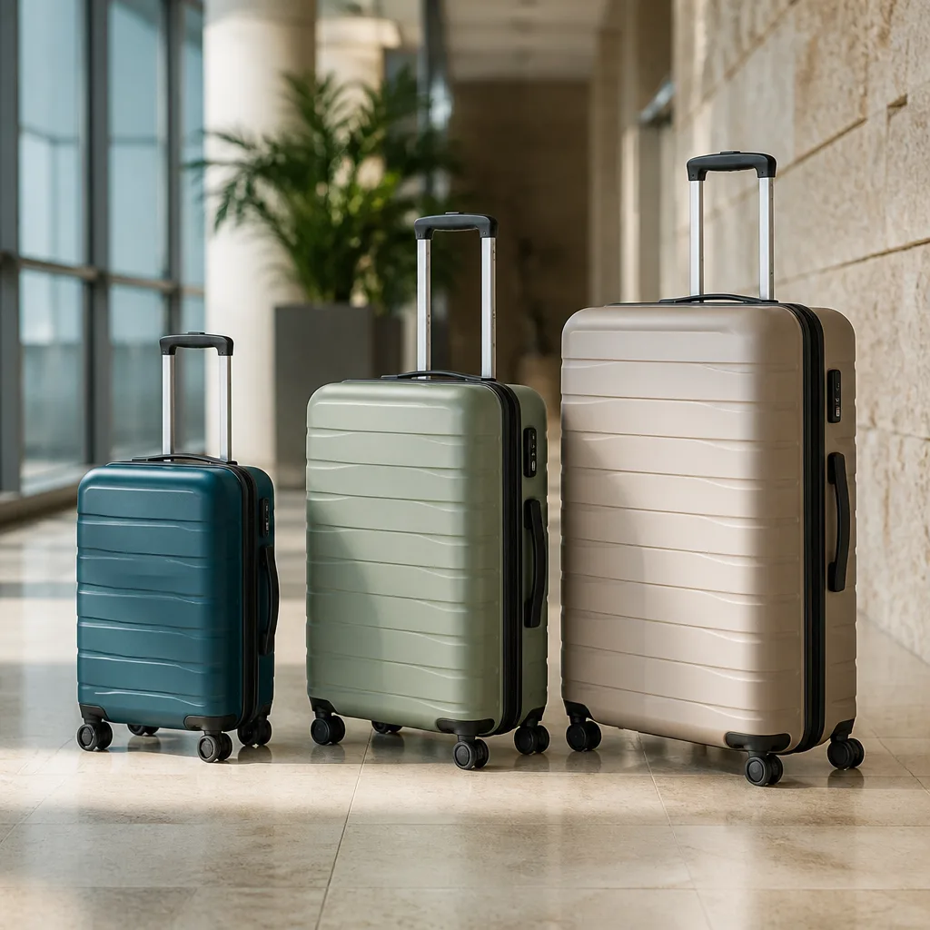 Three different suitcase sizes lined up side by side in a bright hallway, small cabin case, medium trolley, large hardshell case