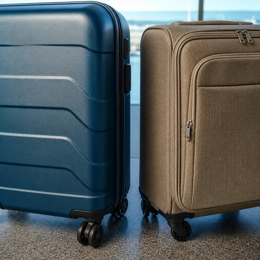 Close-up texture comparison of a matte polycarbonate hardshell suitcase surface next to a ballistic nylon softshell fabric surface