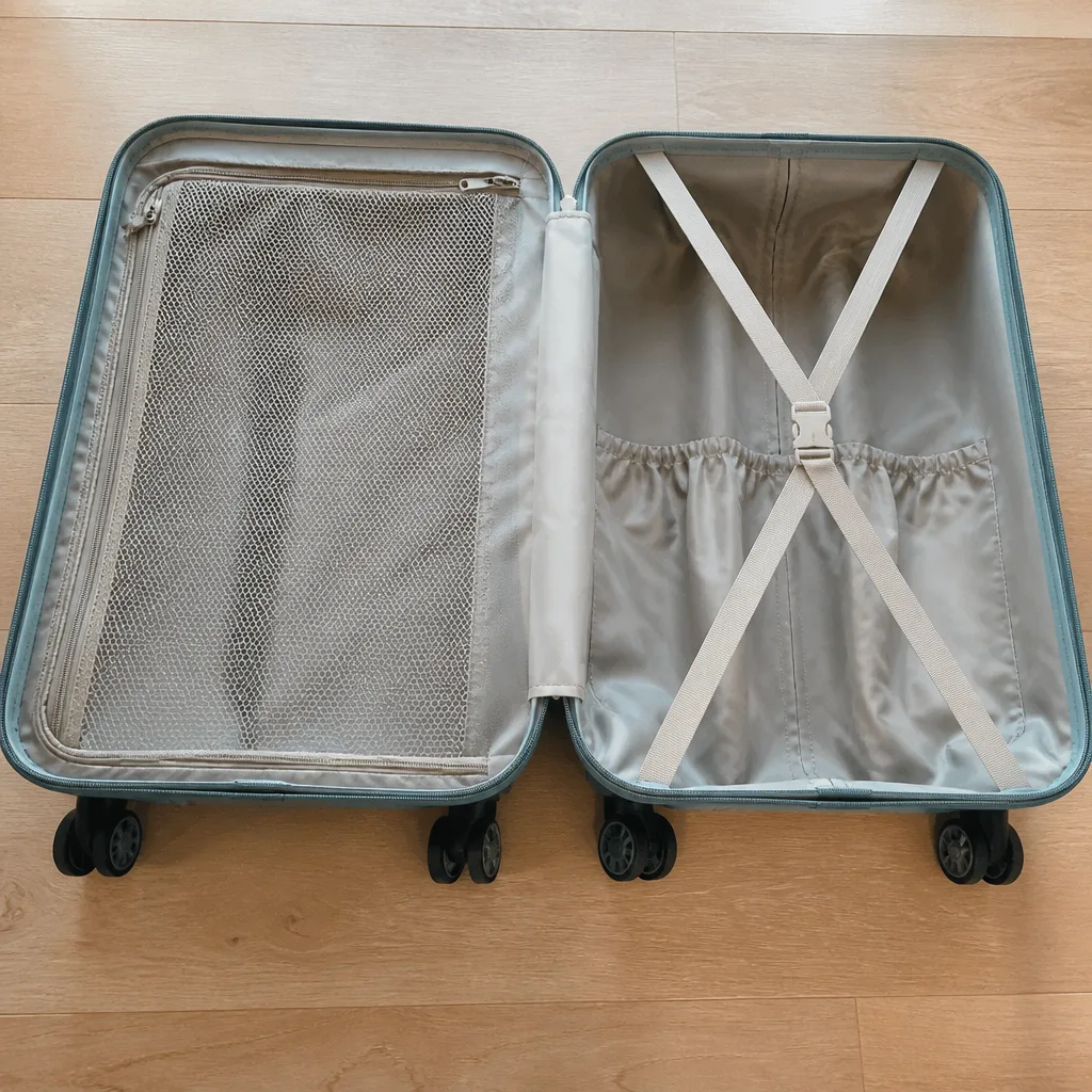 Open empty suitcase interior showing mesh divider, compression straps and elastic pockets, viewed from above on a wooden floor