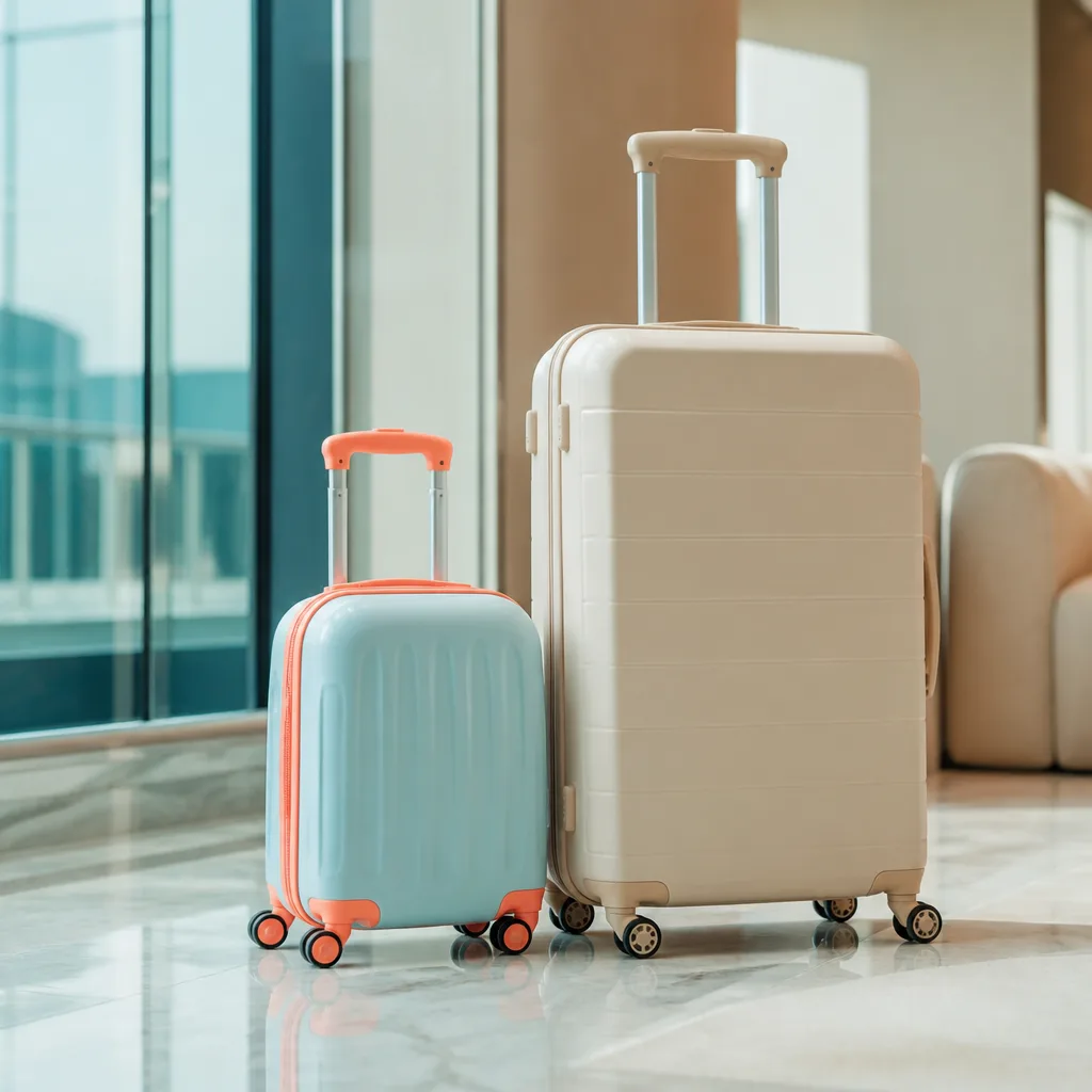 small colorful children's trolley suitcase standing next to an adult-sized suitcase, no people visible