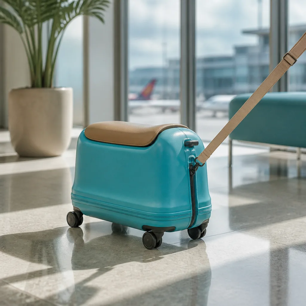 child-sized ride-on trolley suitcase with a small seat and pull strap, no people visible