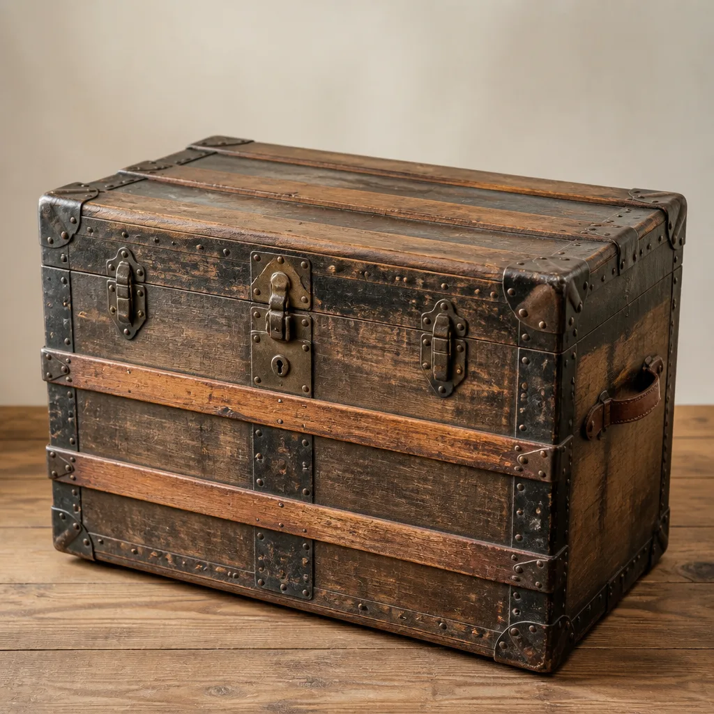 vintage wooden steamer trunk with metal corner reinforcements and leather straps, studio lighting