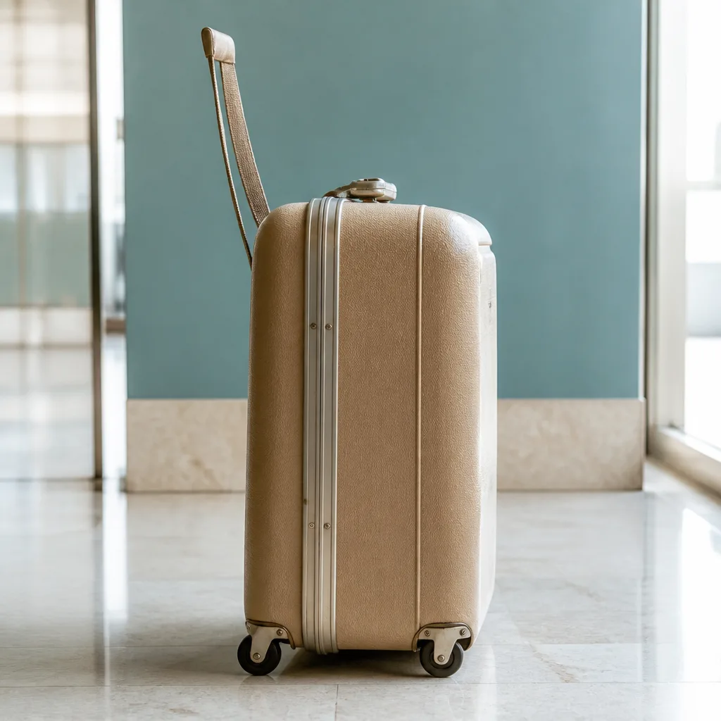 early style rolling suitcase with small caster wheels and a pull strap, side view, plain background