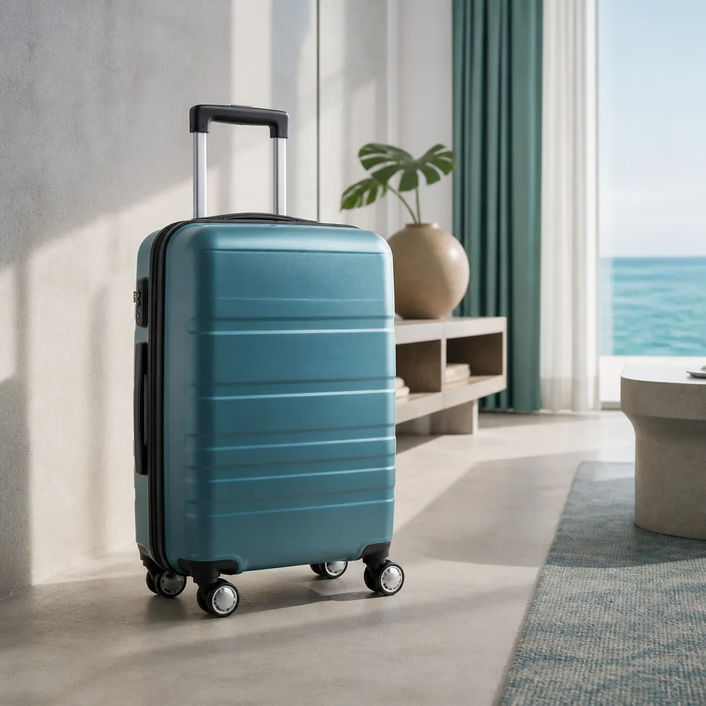 modern polycarbonate hardshell suitcase with four spinner wheels, clean studio background