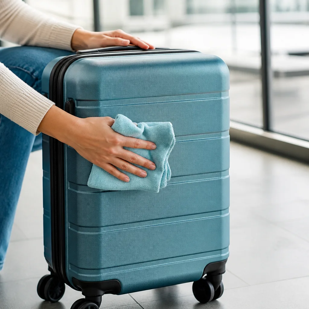 hands wiping down a hardshell suitcase exterior with a microfiber cloth, close-up
