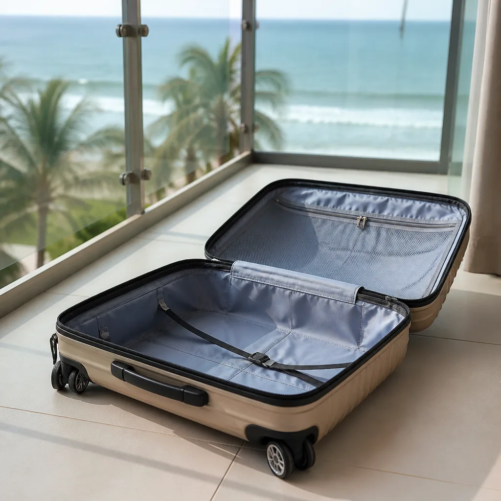 empty open suitcase airing out on a balcony, interior lining visible, no people