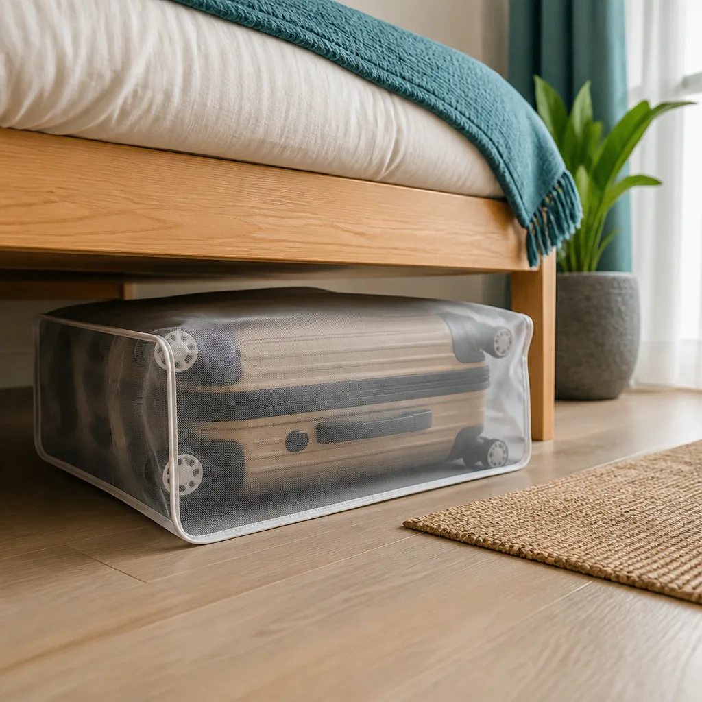suitcase stored under a bed with visible dust cover fabric, home interior, no faces