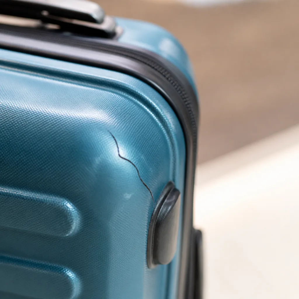 close-up of a hardshell suitcase corner with a small crack, neutral studio background
