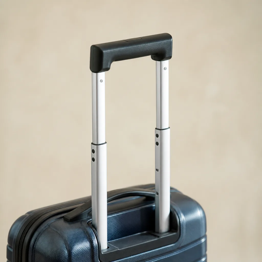 detail of a telescopic suitcase handle extended, aluminum tubes visible, plain background