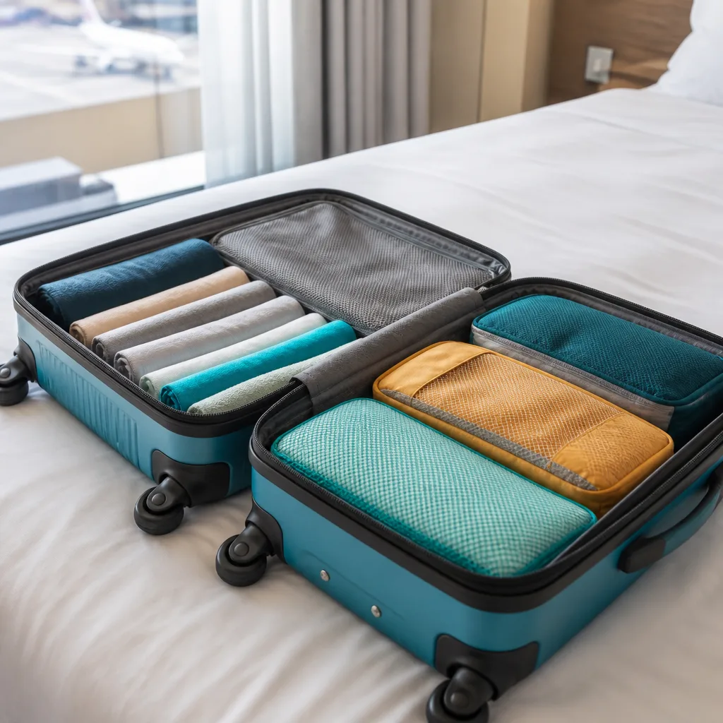 open suitcase on a bed with rolled clothing and colorful packing cubes arranged neatly, no faces visible