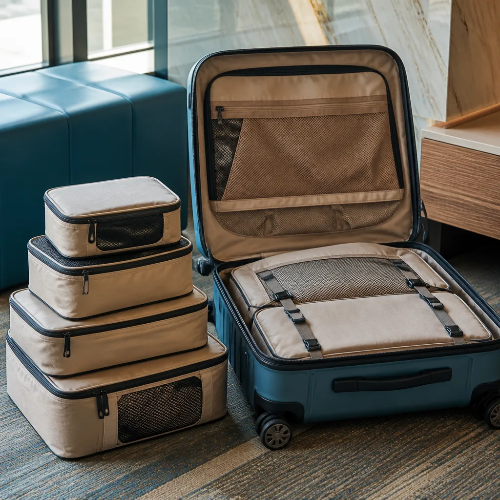 set of packing cubes in different sizes stacked next to an open suitcase