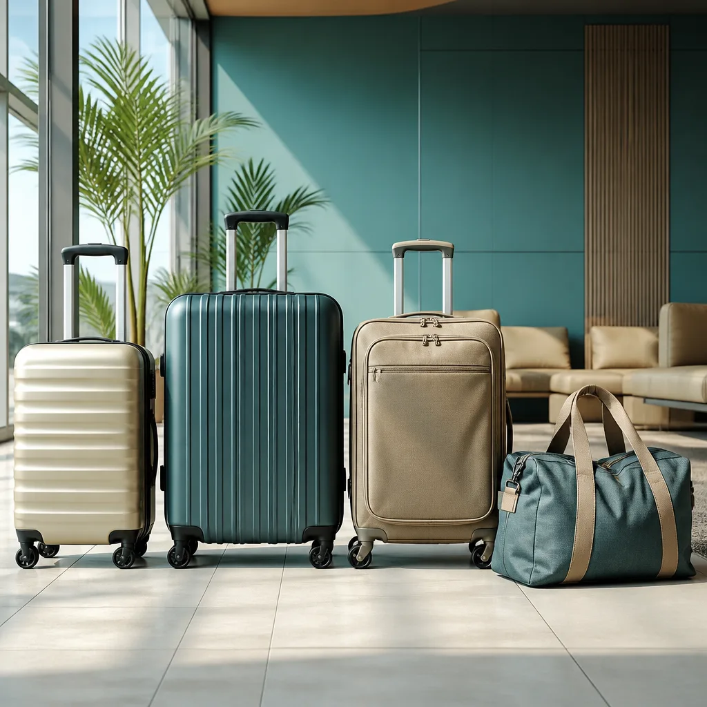 Collection of different suitcase types lined up side by side in a bright studio, hard shell, soft shell and duffel bag