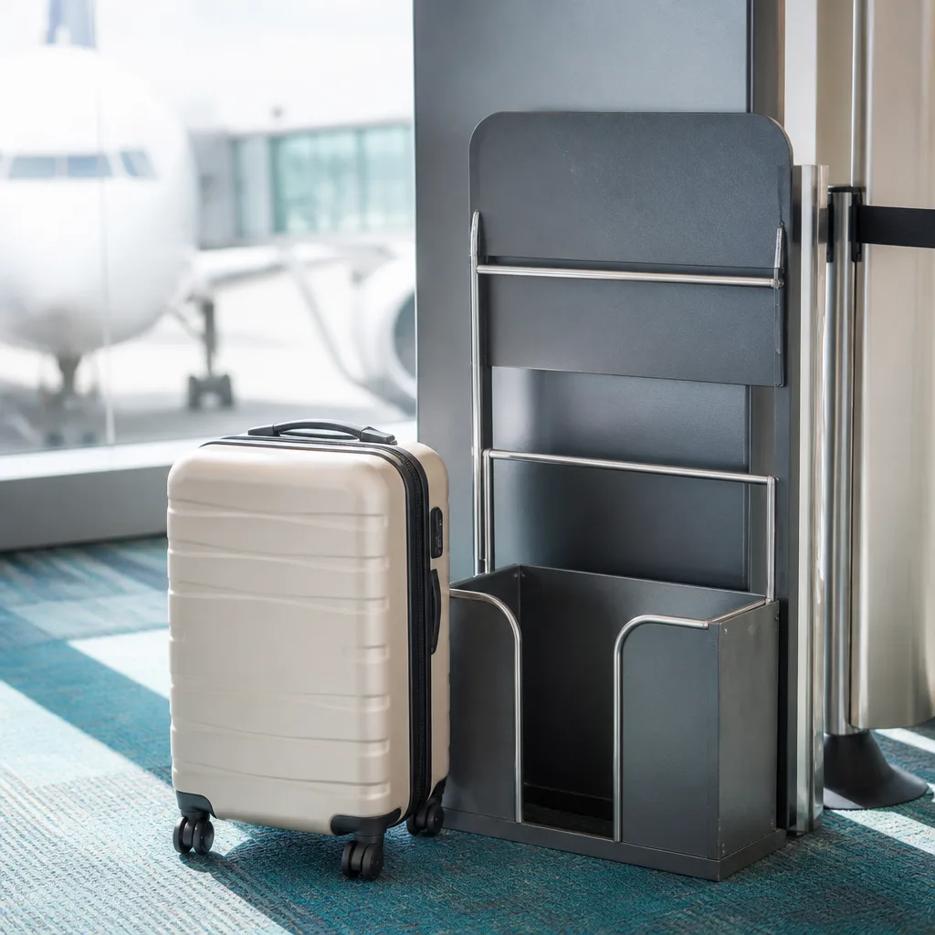 Small cabin suitcase standing next to an airline sizing frame at the gate, no people visible