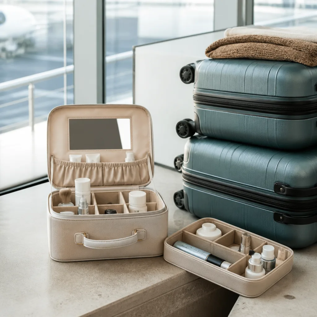 Open cosmetic case with organized compartments and a small mirror, neutral background