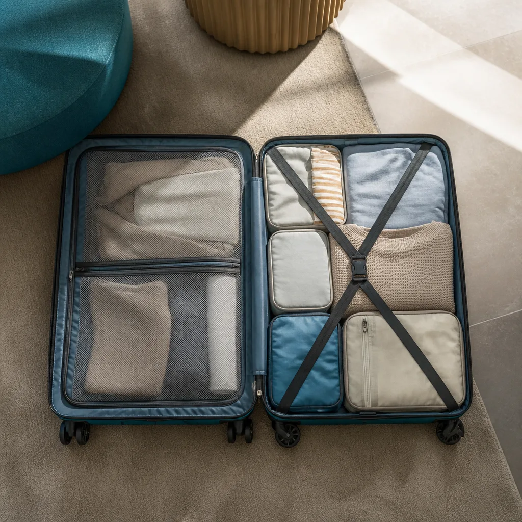 Offener Koffer mittlerer Größe mit ordentlich gepackten Kleidungsstücken und Packwürfeln von oben fotografiert