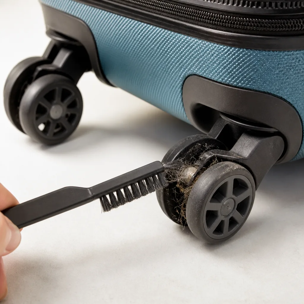 Close-up of suitcase spinner wheels being cleaned with a small brush, isolated on a light background