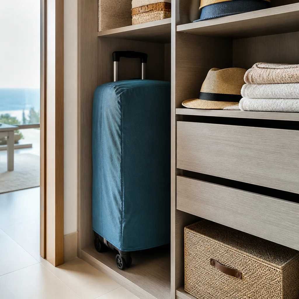 Suitcase with a fabric protective cover stored upright in a closet next to shelves, no people visible