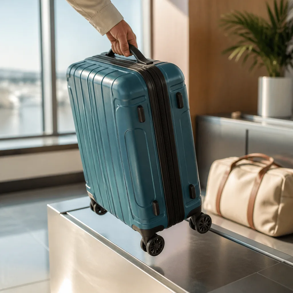 lightweight polycarbonate suitcase being lifted by its handle with one hand, no face visible