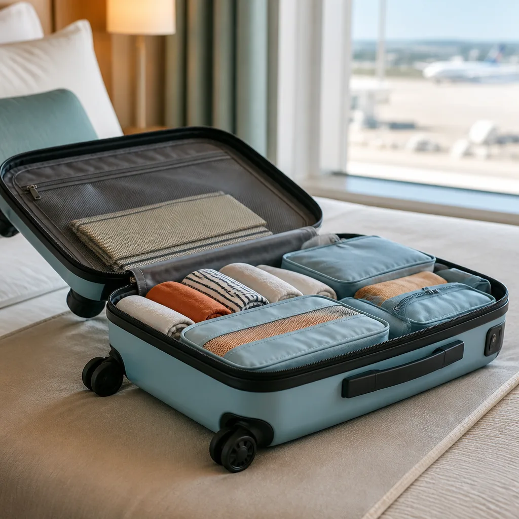 open lightweight suitcase on a bed with neatly rolled clothes and packing cubes, no faces visible