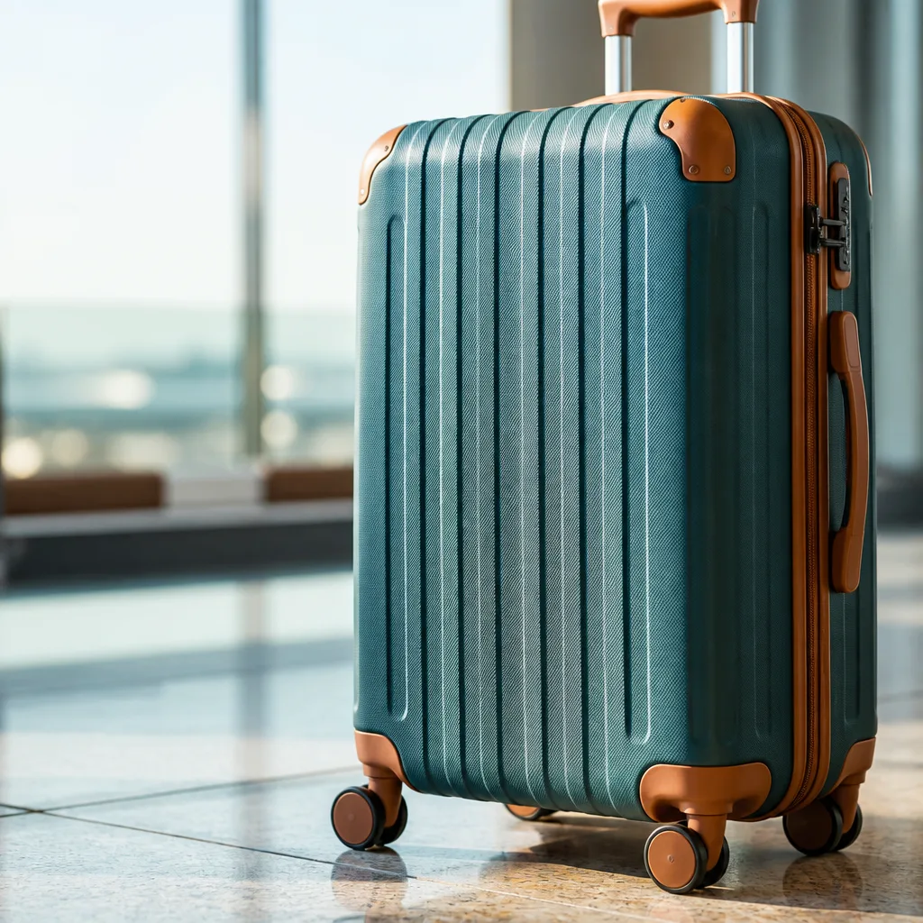 sturdy hardshell suitcase with visible reinforced seams and wheels, neutral background