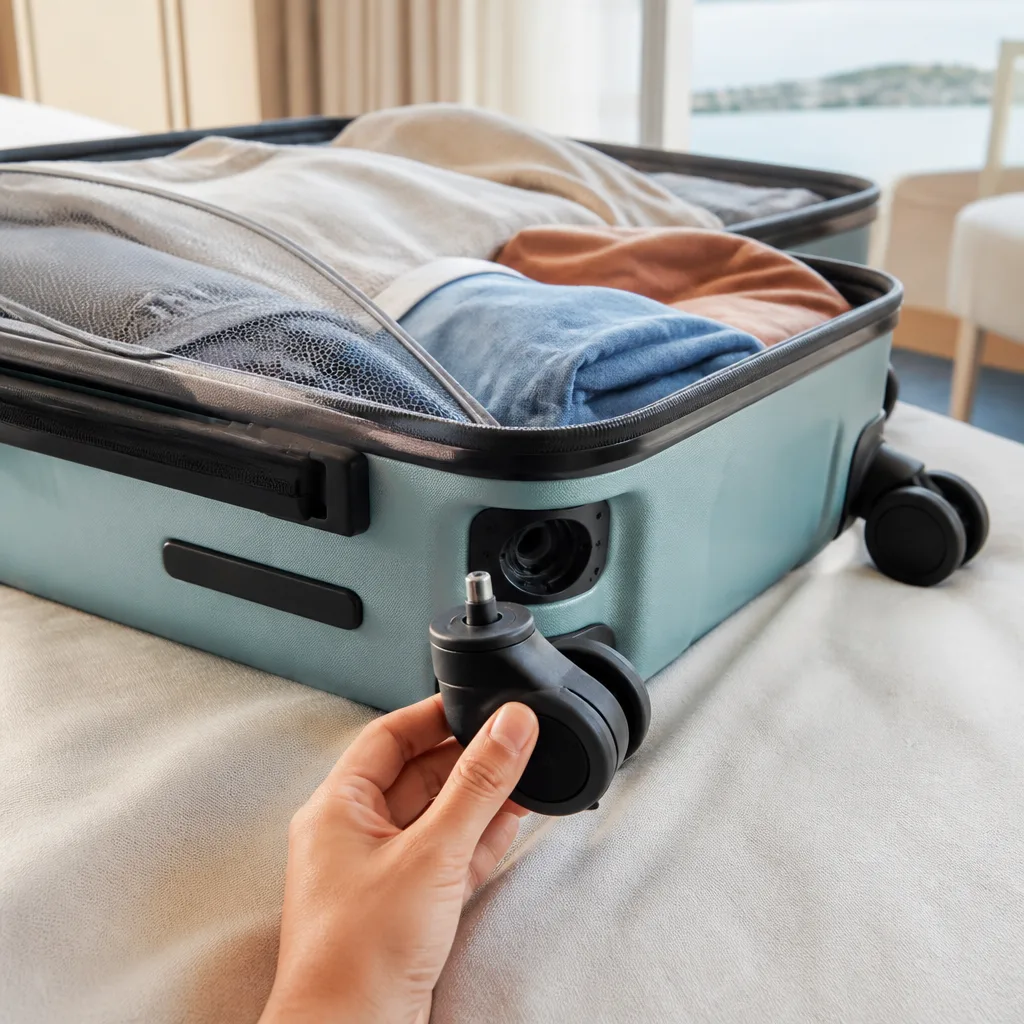hand holding a replacement suitcase wheel against a packed suitcase, product photography