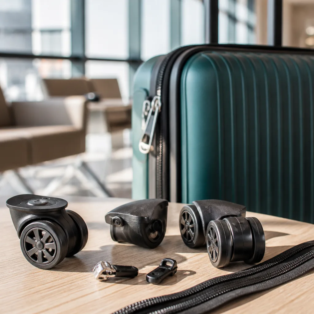 close-up of suitcase spare parts, replacement wheels and a zipper slider laid out on a table