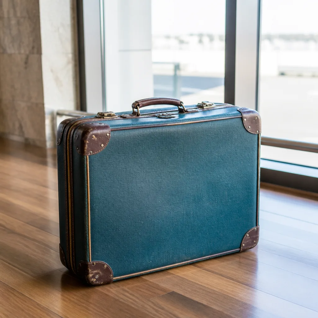 pre-owned vintage suitcase with slight wear on the corners, standing on a wooden floor