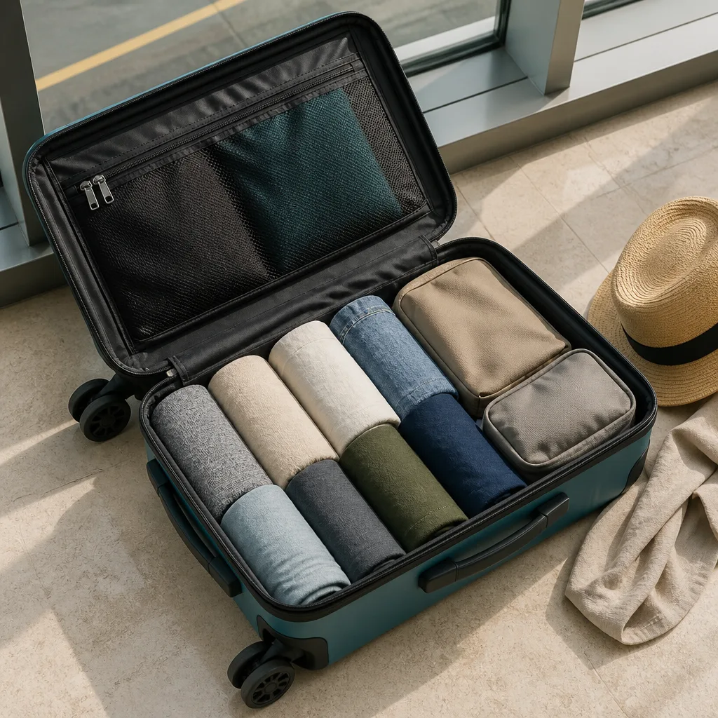 open cabin suitcase packed tightly with rolled clothes and small pouches, flat lay, no people