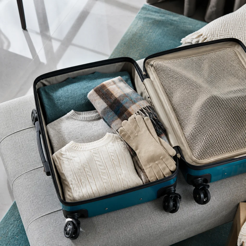 open suitcase with folded winter sweaters, scarf and gloves neatly arranged, flat lay, no people