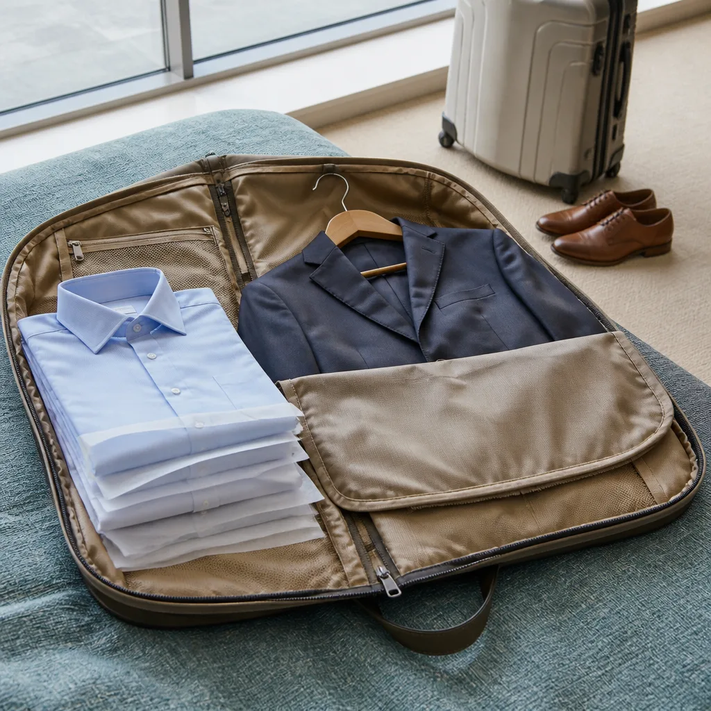 open garment bag with a suit on a hanger and folded shirts beside it, flat lay, no people