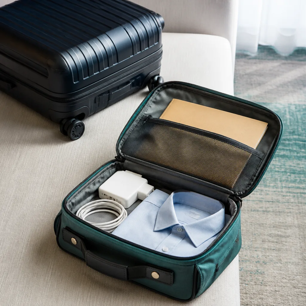 open small business bag with a folder, charger and a folded shirt, flat lay, no people
