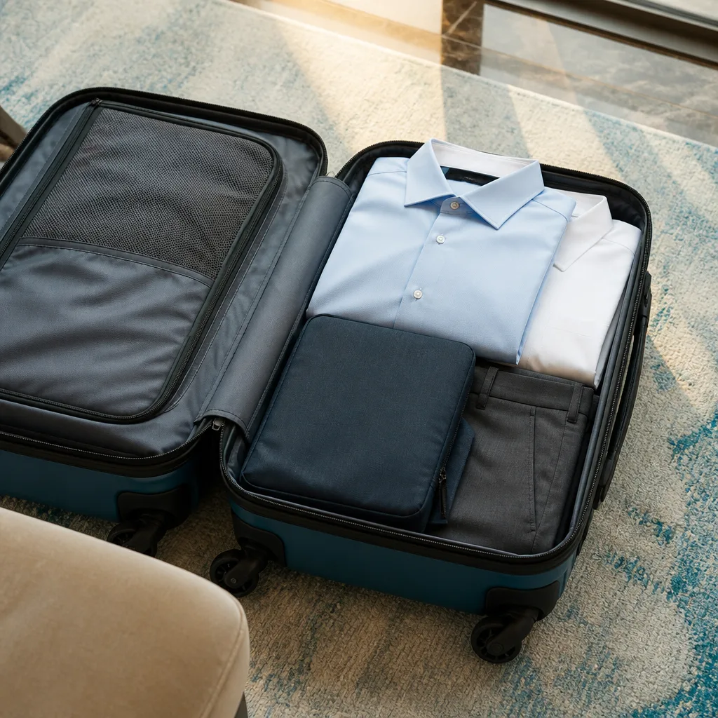 open suitcase with business shirts, a laptop sleeve and folded trousers, flat lay, no people