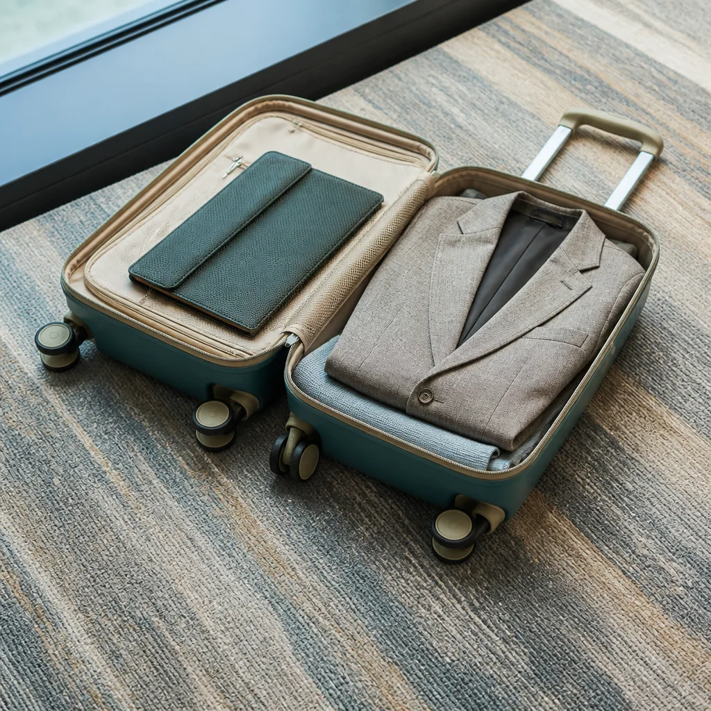 open small carry-on with a folded blazer and a tablet sleeve, flat lay, no people