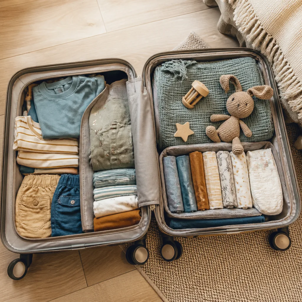 open large suitcase with folded children's clothes, a small blanket and toys, flat lay, no people