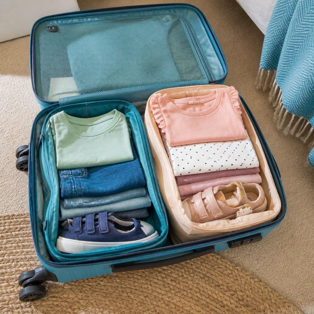 open suitcase with folded children's clothes for two kids and small shoes, flat lay, no people
