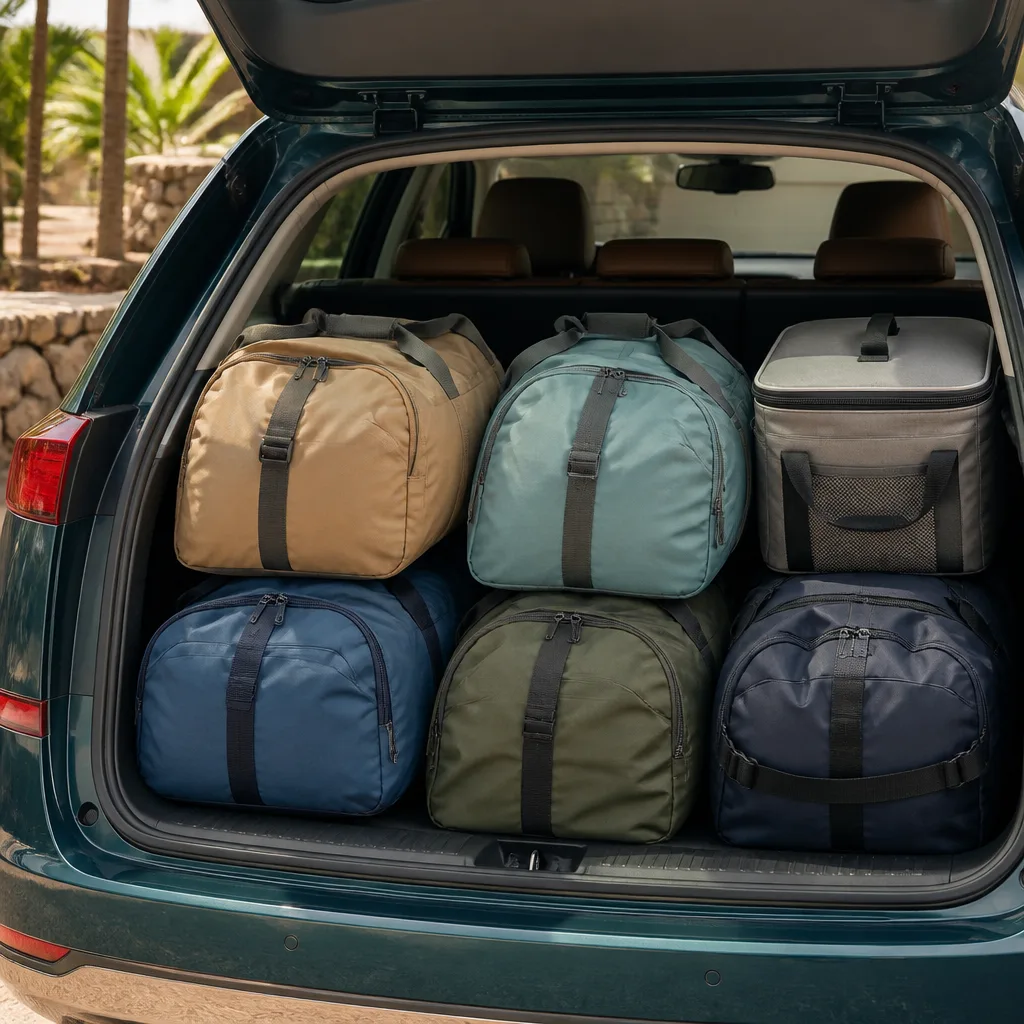 open car trunk with soft duffel bags and a cooler bag packed neatly, flat lay style, no people